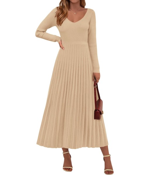 PRETTYGARDEN Women Sweater Dress Fall Fashion 2025 Long Sleeve V Neck Ribbed Knit Pleated A Line Elegant Maxi Winter Dresses
