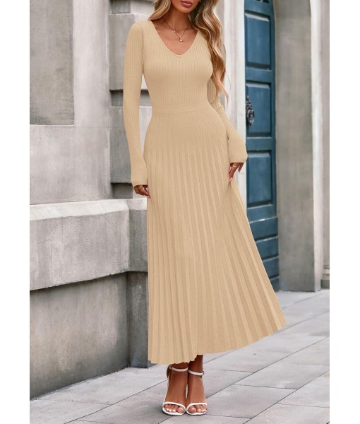 PRETTYGARDEN Women Sweater Dress Fall Fashion 2025 Long Sleeve V Neck Ribbed Knit Pleated A Line Elegant Maxi Winter Dresses