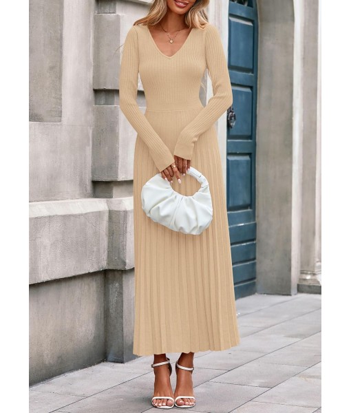 PRETTYGARDEN Women Sweater Dress Fall Fashion 2025 Long Sleeve V Neck Ribbed Knit Pleated A Line Elegant Maxi Winter Dresses