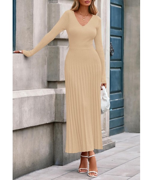PRETTYGARDEN Women Sweater Dress Fall Fashion 2025 Long Sleeve V Neck Ribbed Knit Pleated A Line Elegant Maxi Winter Dresses