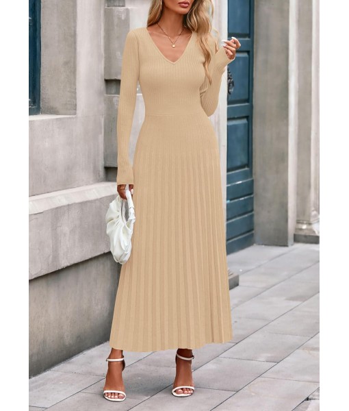 PRETTYGARDEN Women Sweater Dress Fall Fashion 2025 Long Sleeve V Neck Ribbed Knit Pleated A Line Elegant Maxi Winter Dresses