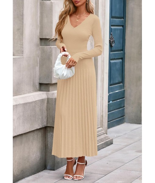 PRETTYGARDEN Women Sweater Dress Fall Fashion 2025 Long Sleeve V Neck Ribbed Knit Pleated A Line Elegant Maxi Winter Dresses