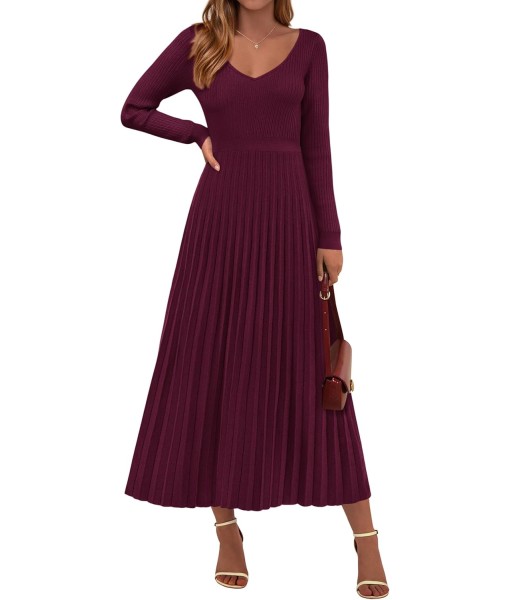 PRETTYGARDEN Women Sweater Dress Fall Fashion 2025 Long Sleeve V Neck Ribbed Knit Pleated A Line Elegant Maxi Winter Dresses