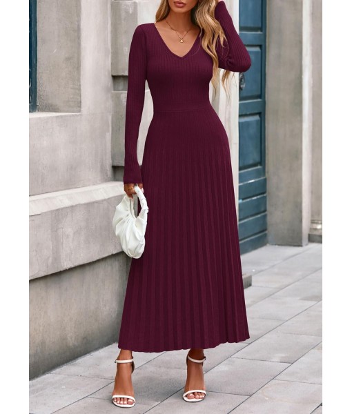 PRETTYGARDEN Women Sweater Dress Fall Fashion 2025 Long Sleeve V Neck Ribbed Knit Pleated A Line Elegant Maxi Winter Dresses