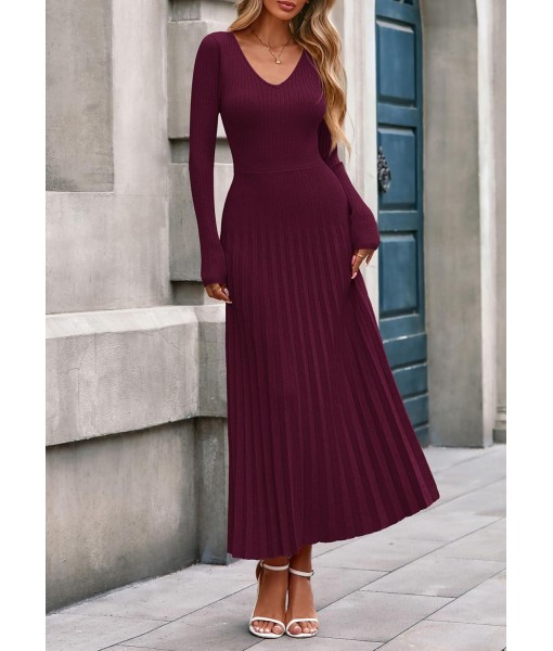 PRETTYGARDEN Women Sweater Dress Fall Fashion 2025 Long Sleeve V Neck Ribbed Knit Pleated A Line Elegant Maxi Winter Dresses