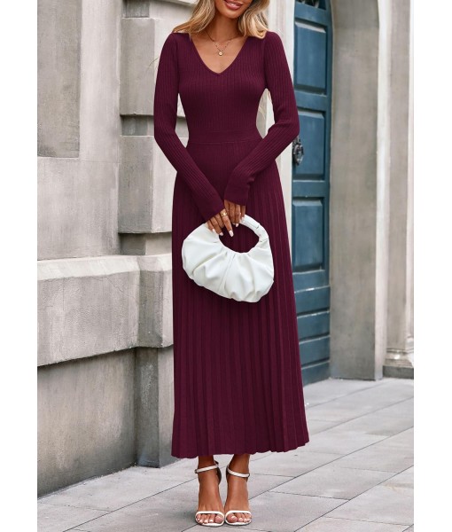 PRETTYGARDEN Women Sweater Dress Fall Fashion 2025 Long Sleeve V Neck Ribbed Knit Pleated A Line Elegant Maxi Winter Dresses