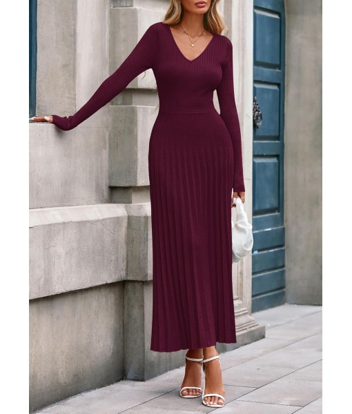 PRETTYGARDEN Women Sweater Dress Fall Fashion 2025 Long Sleeve V Neck Ribbed Knit Pleated A Line Elegant Maxi Winter Dresses
