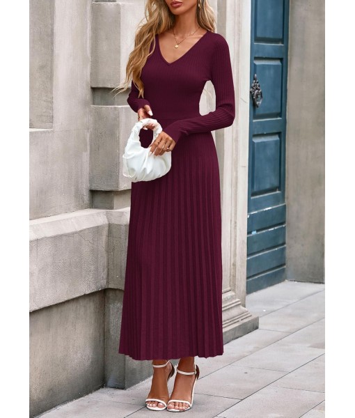 PRETTYGARDEN Women Sweater Dress Fall Fashion 2025 Long Sleeve V Neck Ribbed Knit Pleated A Line Elegant Maxi Winter Dresses