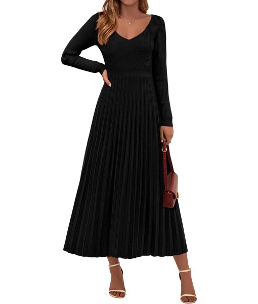 PRETTYGARDEN Women Sweater Dress Fall Fashion 2025 Long Sleeve V Neck Ribbed Knit Pleated A Line Elegant Maxi Winter Dresses