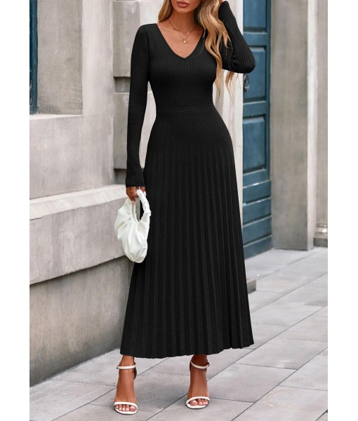 PRETTYGARDEN Women Sweater Dress Fall Fashion 2025 Long Sleeve V Neck Ribbed Knit Pleated A Line Elegant Maxi Winter Dresses
