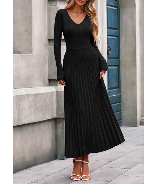 PRETTYGARDEN Women Sweater Dress Fall Fashion 2025 Long Sleeve V Neck Ribbed Knit Pleated A Line Elegant Maxi Winter Dresses