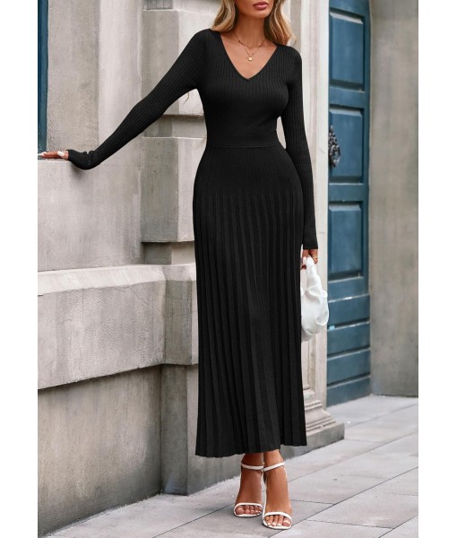 PRETTYGARDEN Women Sweater Dress Fall Fashion 2025 Long Sleeve V Neck Ribbed Knit Pleated A Line Elegant Maxi Winter Dresses