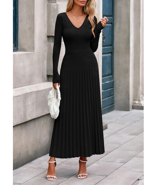 PRETTYGARDEN Women Sweater Dress Fall Fashion 2025 Long Sleeve V Neck Ribbed Knit Pleated A Line Elegant Maxi Winter Dresses