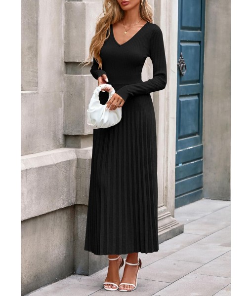 PRETTYGARDEN Women Sweater Dress Fall Fashion 2025 Long Sleeve V Neck Ribbed Knit Pleated A Line Elegant Maxi Winter Dresses