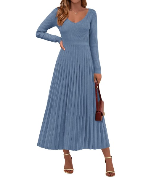 PRETTYGARDEN Women Sweater Dress Fall Fashion 2025 Long Sleeve V Neck Ribbed Knit Pleated A Line Elegant Maxi Winter Dresses
