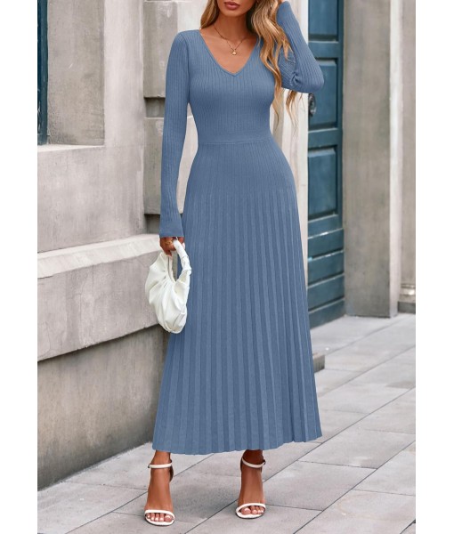 PRETTYGARDEN Women Sweater Dress Fall Fashion 2025 Long Sleeve V Neck Ribbed Knit Pleated A Line Elegant Maxi Winter Dresses