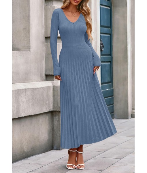 PRETTYGARDEN Women Sweater Dress Fall Fashion 2025 Long Sleeve V Neck Ribbed Knit Pleated A Line Elegant Maxi Winter Dresses