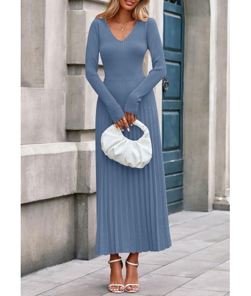 PRETTYGARDEN Women Sweater Dress Fall Fashion 2025 Long Sleeve V Neck Ribbed Knit Pleated A Line Elegant Maxi Winter Dresses