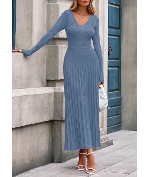 PRETTYGARDEN Women Sweater Dress Fall Fashion 2025 Long Sleeve V Neck Ribbed Knit Pleated A Line Elegant Maxi Winter Dresses