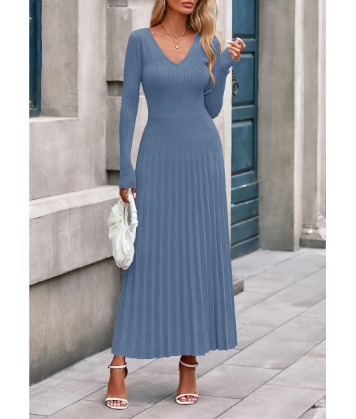 PRETTYGARDEN Women Sweater Dress Fall Fashion 2025 Long Sleeve V Neck Ribbed Knit Pleated A Line Elegant Maxi Winter Dresses