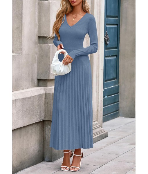 PRETTYGARDEN Women Sweater Dress Fall Fashion 2025 Long Sleeve V Neck Ribbed Knit Pleated A Line Elegant Maxi Winter Dresses
