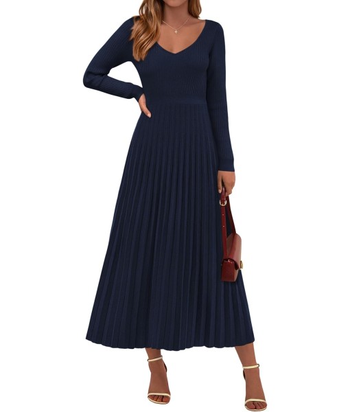 PRETTYGARDEN Women Sweater Dress Fall Fashion 2025 Long Sleeve V Neck Ribbed Knit Pleated A Line Elegant Maxi Winter Dresses