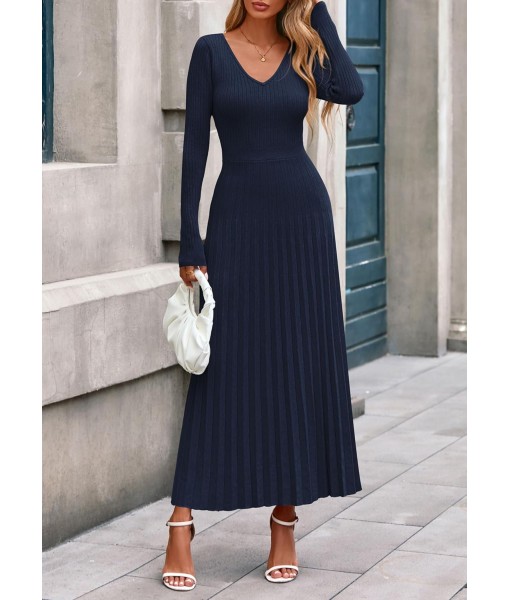 PRETTYGARDEN Women Sweater Dress Fall Fashion 2025 Long Sleeve V Neck Ribbed Knit Pleated A Line Elegant Maxi Winter Dresses