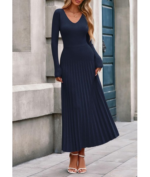 PRETTYGARDEN Women Sweater Dress Fall Fashion 2025 Long Sleeve V Neck Ribbed Knit Pleated A Line Elegant Maxi Winter Dresses