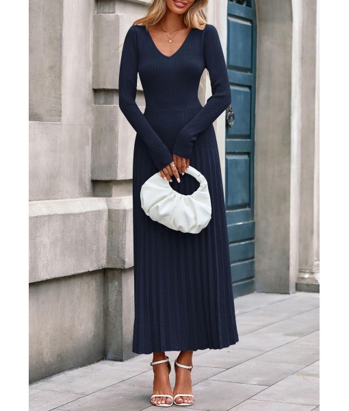 PRETTYGARDEN Women Sweater Dress Fall Fashion 2025 Long Sleeve V Neck Ribbed Knit Pleated A Line Elegant Maxi Winter Dresses
