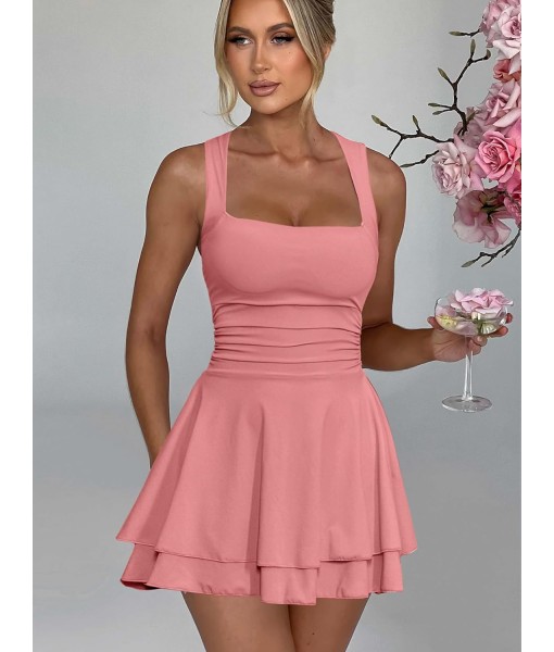 Kaximil Women's Square Neck Ruffle Hem Mini Dress Ruched Waist Short Party Dresses
