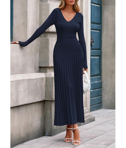 PRETTYGARDEN Women Sweater Dress Fall Fashion 2025 Long Sleeve V Neck Ribbed Knit Pleated A Line Elegant Maxi Winter Dresses