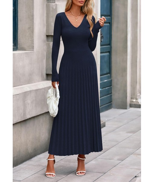 PRETTYGARDEN Women Sweater Dress Fall Fashion 2025 Long Sleeve V Neck Ribbed Knit Pleated A Line Elegant Maxi Winter Dresses
