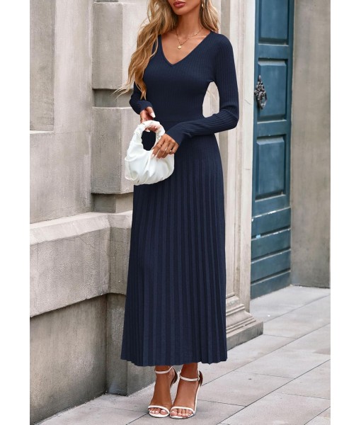 PRETTYGARDEN Women Sweater Dress Fall Fashion 2025 Long Sleeve V Neck Ribbed Knit Pleated A Line Elegant Maxi Winter Dresses