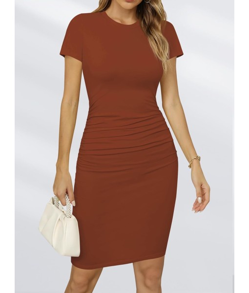 Missufe Women's Short Sleeve Ruched Casual Sundress Midi Bodycon T Shirt Dress