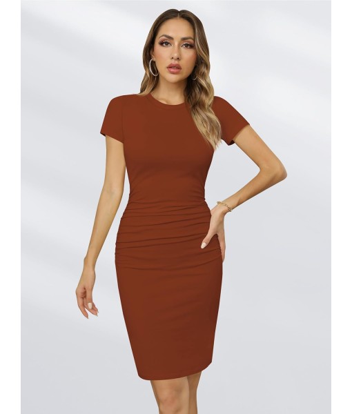 Missufe Women's Short Sleeve Ruched Casual Sundress Midi Bodycon T Shirt Dress