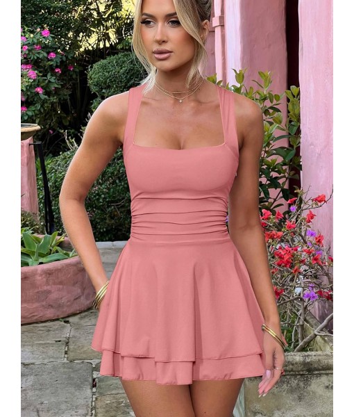 Kaximil Women's Square Neck Ruffle Hem Mini Dress Ruched Waist Short Party Dresses