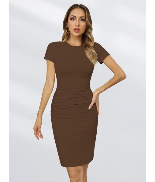 Missufe Women's Short Sleeve Ruched Casual Sundress Midi Bodycon T Shirt Dress