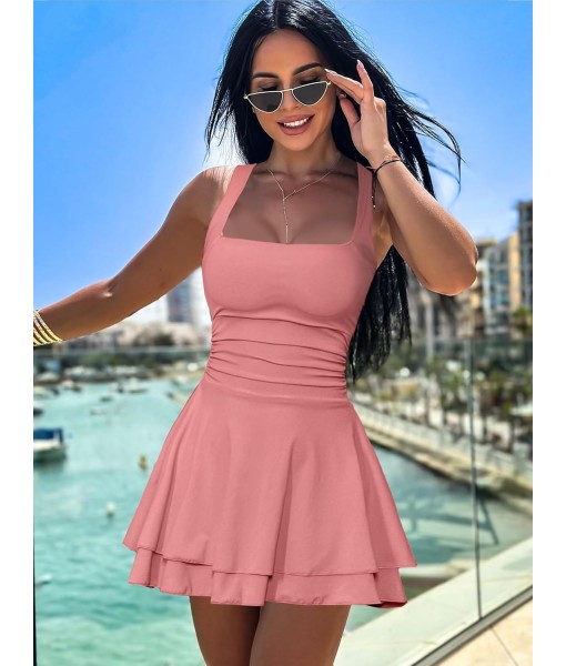 Kaximil Women's Square Neck Ruffle Hem Mini Dress Ruched Waist Short Party Dresses