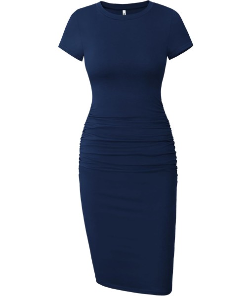 Missufe Women's Short Sleeve Ruched Casual Sundress Midi Bodycon T Shirt Dress