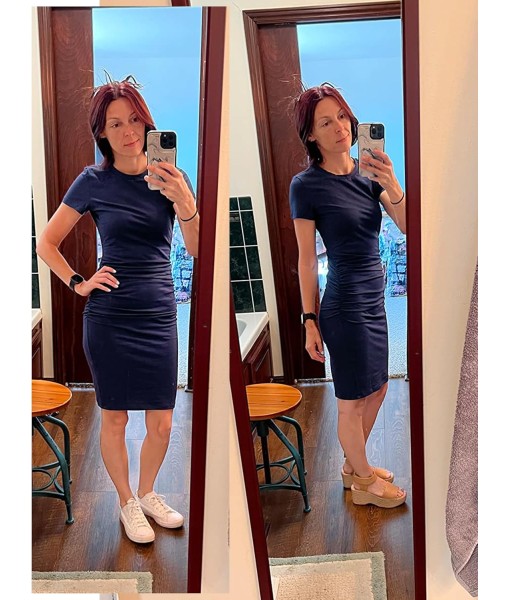 Missufe Women's Short Sleeve Ruched Casual Sundress Midi Bodycon T Shirt Dress