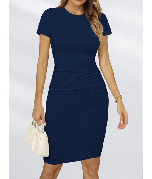 Missufe Women's Short Sleeve Ruched Casual Sundress Midi Bodycon T Shirt Dress