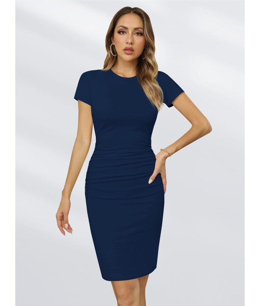 Missufe Women's Short Sleeve Ruched Casual Sundress Midi Bodycon T Shirt Dress