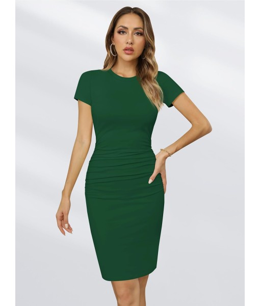 Missufe Women's Short Sleeve Ruched Casual Sundress Midi Bodycon T Shirt Dress