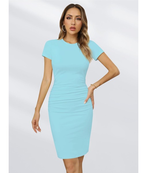 Missufe Women's Short Sleeve Ruched Casual Sundress Midi Bodycon T Shirt Dress