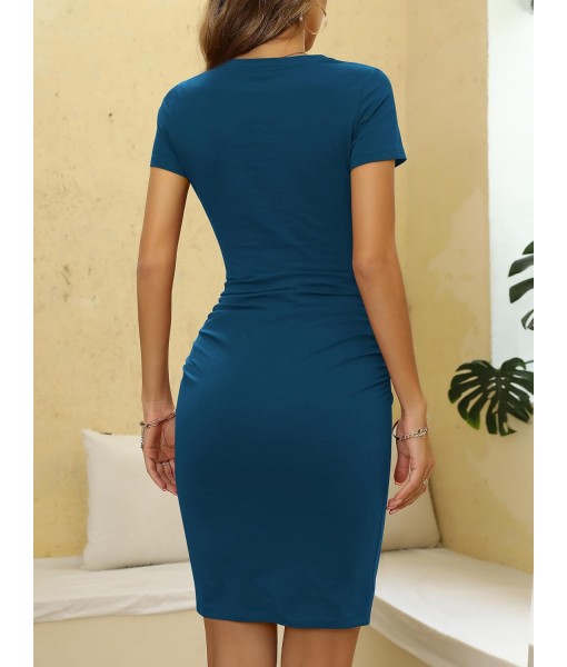 Missufe Women's Short Sleeve Ruched Casual Sundress Midi Bodycon T Shirt Dress