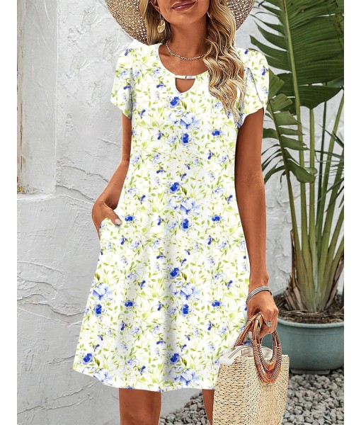 Zeagoo Women's Casual A-Line Dresses with Pockets Summer Floral Tshirt Dress Short Sleeve Mini Dress Flowy Sundresses