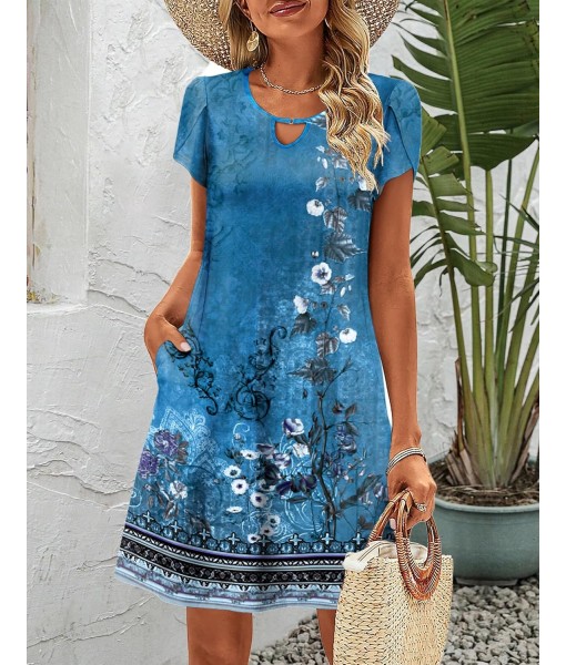 Zeagoo Women's Casual A-Line Dresses with Pockets Summer Floral Tshirt Dress Short Sleeve Mini Dress Flowy Sundresses