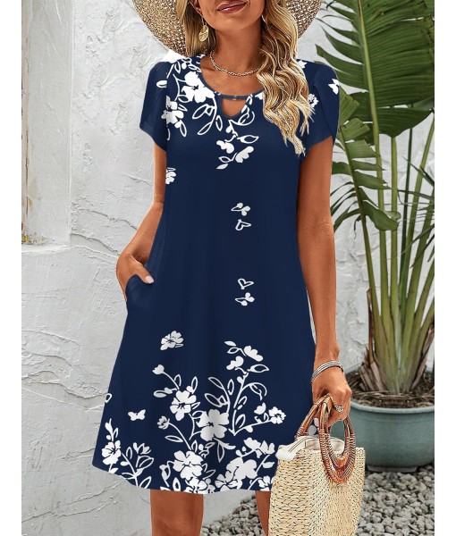 Zeagoo Women's Casual A-Line Dresses with Pockets Summer Floral Tshirt Dress Short Sleeve Mini Dress Flowy Sundresses