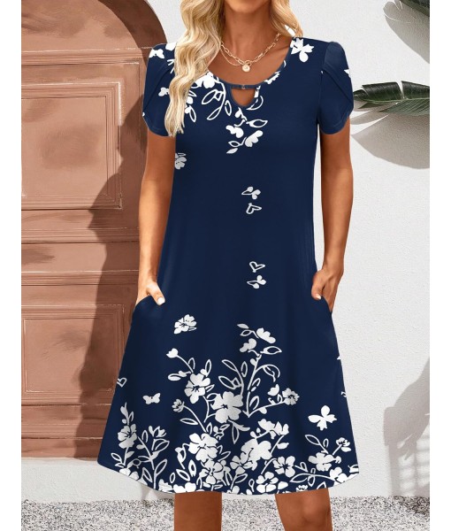 Zeagoo Women's Casual A-Line Dresses with Pockets Summer Floral Tshirt Dress Short Sleeve Mini Dress Flowy Sundresses