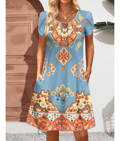 Zeagoo Women's Casual A-Line Dresses with Pockets Summer Floral Tshirt Dress Short Sleeve Mini Dress Flowy Sundresses